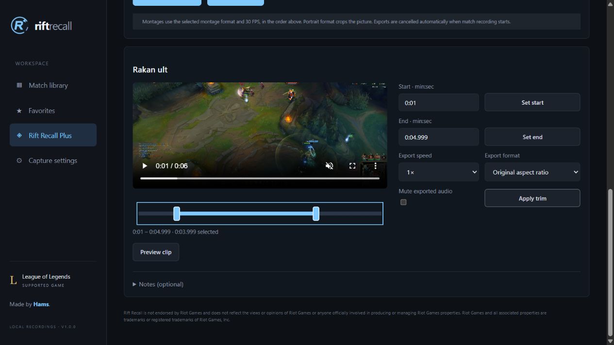 Current Rift Recall Clip Studio with trim and montage controls