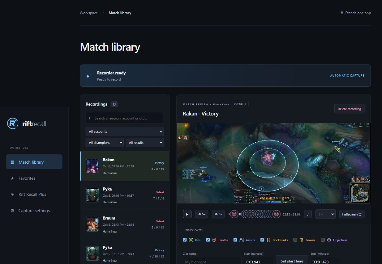 Rift Recall match history and timeline filters
